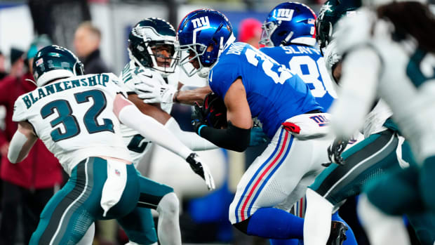 New York Giants running back Saquon Barkley (26) runs for a first down against the Philadelphia Eagles, Sunday, January 7, 2024.